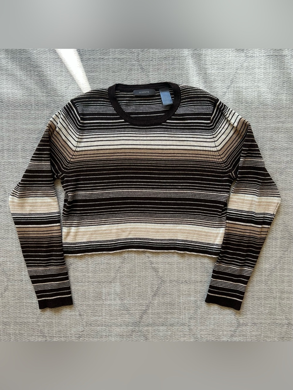 Liz Claiborne Striped Cropped Ribbed Long-Sleeve Top